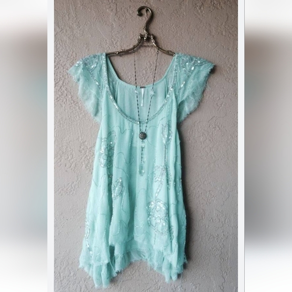 FREE PEOPLE Titan's Treasure Boho Angel Mint Green Embellished Tunic NWOT RARE - Picture 2 of 16